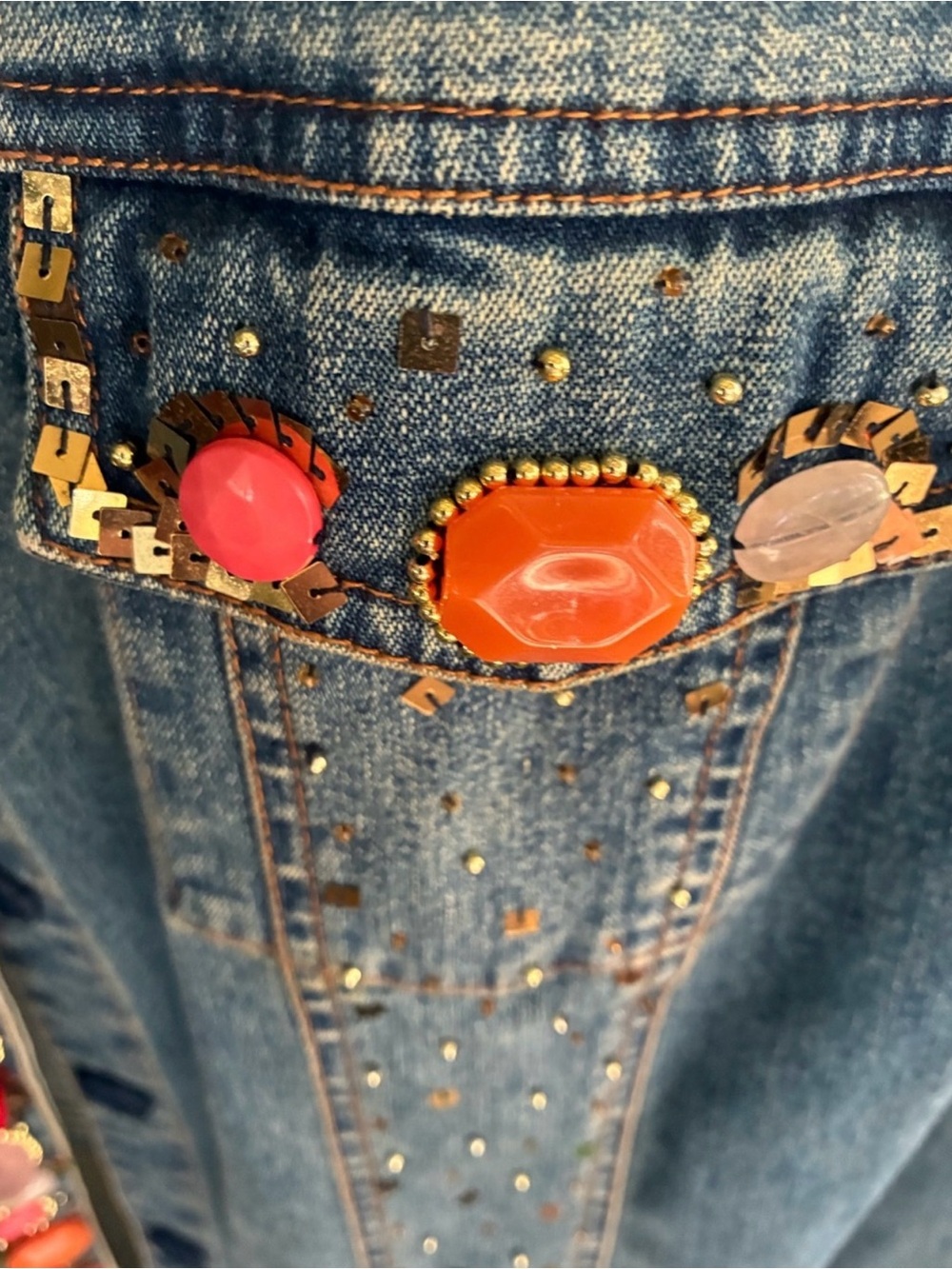 Berek Blue Denim Jacket with Coral, Red and Cream Gem Trim Layered Cottagecore - Picture 2 of 12